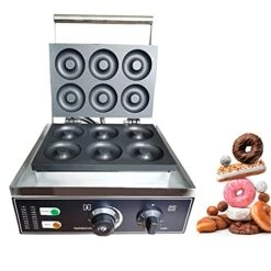 Commercial Electric Donut Maker 6 Holes Teflon Coating Double Sides Heating Temperature Time Control Suitable For Restaurant Bakery Snack Bar Street Vendor Home