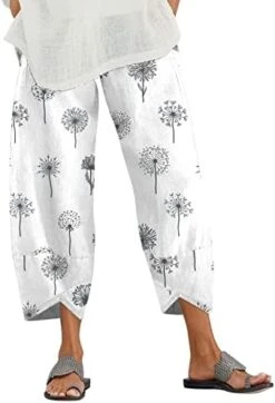 Capri Pants For Women Casual Cotton Linen Flowers Printed Cropped Pants Wide Leg Cropped Pants -Wilton Shop 41nYthvq4jL. AC 1