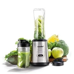 Compact Personal Blender, With Tritan BPA-Free 20 Oz And 10 Oz Travel Cups With Lids, For Shakes, Frozen Drinks, Smoothies, Food Prep, 300-Watt Base, Stainless Steel