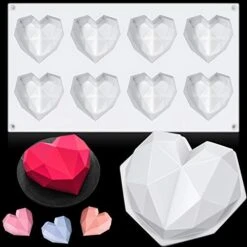 2 Pieces Valentine's Day Diamond Heart Mousse Cake Mold And 8 Cup Diamond Chocolate Silicone Dessert Mould Heart Geometric Baking Mold Non-stick Mould For Mousse, Chocolate, Browni (White)