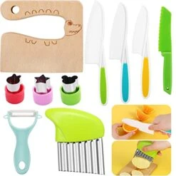 10 PCS Kids Kitchen Knife Set, Wooden Kids Knife Safe Knives For Real Cooking Serrated Edges Children Cooking Utensils Tools Plastic Knife For Toddlers, Potato Slicers Cooking Cake Knives