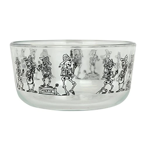 Pyrex (2) 7201 4 Cup Day Of The Dead Mariachi Skeleton Glass Bowls & (2) 7201-PC Black Plastic Lids 4 Pyrex (2) 7201 4 Cup Day Of The Dead Mariachi Skeleton Glass Bowls & (2) 7201-PC Black Plastic Lids - Image 2