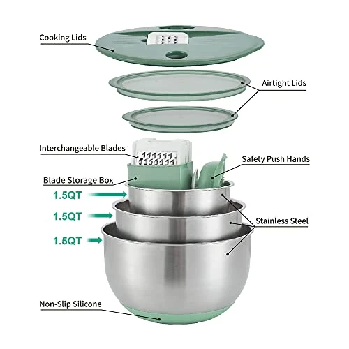 Stainless Mixing Bowls With Slicer, Set Of 3 Steel Bowls With 5 Different Vegetable Slicer, Julienne And Grater, Serving Bowls With Lids For Slicing,Mixing,Cooking,Baking & Food Storage (Green) 5 Stainless Mixing Bowls With Slicer, Set Of 3 Steel Bowls With 5 Different Vegetable Slicer, Julienne And Grater, Serving Bowls With Lids For Slicing,Mixing,Cooking,Baking & Food Storage (Green) - Image 3