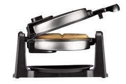 Rotating Belgian Waffle Maker, 180° Flip Iron W/ Non-Stick Plates, Adjustable Timer, Locking Lid, & Drip Plate, Space Saving Storage, Mess-Free Breakfast, Stainless Steel/Black