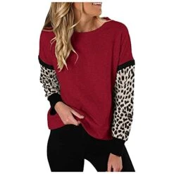 VODMXYGG Womens Round Neck Pullover Long Sleeve Sweatshirts Retro Leopard Patchwork Shirts Winter Casual Basic Tops
