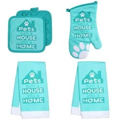GENERIC Pets Turn A House Into A Home Pet Lovers Decorative Kitchen Linen Set, 2 Hand Dish Towels, 2 Potholders Hot Pads, 1 Oven Mitt Glove, + Bonus Item As Shown