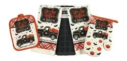 Lloween Kitchen Dish Towels And Pot Holders Set: Haunted Farm Bats Jacks And Pumpkin Truck