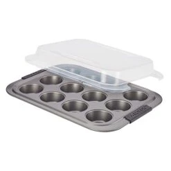 Advanced Nonstick 12-Cup Muffin Tin With Silicone Grips And Lid / Nonstick 12-Cup Cupcake Tin With Silicone Grips And Lid - 12 Cup, Gray