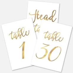 Gold Wedding Table Numbers Cards (1-30 + Head Table) 4x6 Double Sided Modern Calligraphy Foil Design Best For Receptions, Banquets, Cafés, Restaurants & Parties
