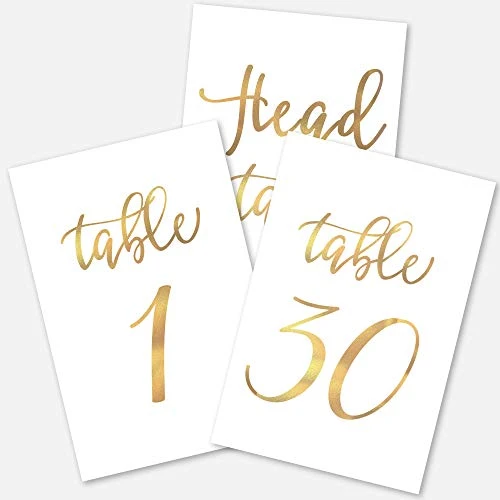 Gold Wedding Table Numbers Cards (1-30 + Head Table) 4x6 Double Sided Modern Calligraphy Foil Design Best For Receptions, Banquets, Cafés, Restaurants & Parties 3 Gold Wedding Table Numbers Cards (1-30 + Head Table) 4x6 Double Sided Modern Calligraphy Foil Design Best For Receptions, Banquets, Cafés, Restaurants & Parties