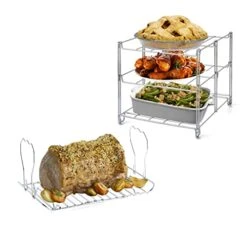 3-Tier Oven Rack & Turkey Lifter Roasting Rack | Space Saving Collapsible Oven Rack For Multiple Roasting And Baking Tasks | Includes (1) Oven Rack & (1) Expandable Roasting Rack, Turkey Lifter