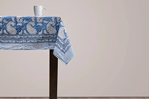 Cotton Tablecloth, Handblock Print Rectangle Blue Table Cloth For Kitchen Dinning Tabletop Decoration Parties Weddings Thanksgiving Christmas (60 X 108 Inches) 4 Cotton Tablecloth, Handblock Print Rectangle Blue Table Cloth For Kitchen Dinning Tabletop Decoration Parties Weddings Thanksgiving Christmas (60 X 108 Inches) - Image 2