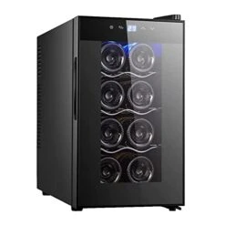 QLIGHA Thermostat Electronic Wine Cabinet, LED Small Wine Refrigerator With Glass Door (8 Bottles), 12-18°C Low Noise Independent Wine Cabinet With Fridge Space