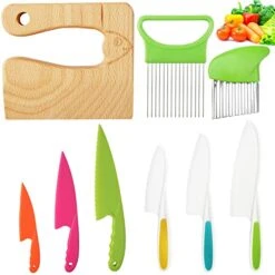 9PCS Kids Plastic Knife Set,Kitchen Kid Knife For Real Cooking,BPA-Free Toddler Knife Include 6 Plastic Knives Wood Kids Safe Knives Potato Slicers Onion Slicer For Fruit Salad Bread(Fish Style)
