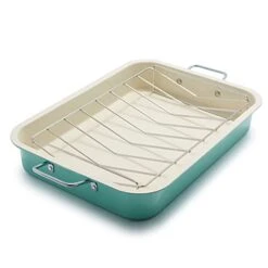 Soft Grip Healthy Ceramic Nonstick, 16.5" X 12" Roasting Pan With Stainless Steel Roaster Rack, PFAS-Free, Dishwasher Safe, Turquoise