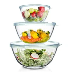Glass Mixing Bowls With Lids Set Of 3（4.5QT,2.7QT, 1.1QT), Large Kitchen Salad Bowls, Space-Saving Nesting Bowls, Round Glass Serving Bowls For Cooking,Baking,Prepping,Dishwasher Safe