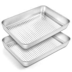 Lasagna Pan Set Of 2, Stainless Steel 12.4’’ Rectangular Textured Casserole Cake Pan Set For Toaster Oven, Healthy & Heavy Duty, Corrugated Bottom & Smooth Surface, Deep Side & Dishwasher Safe