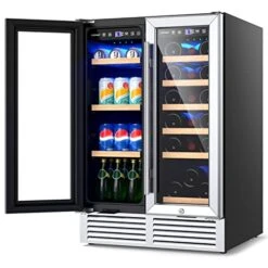 Wine And Beverage Refrigerator, 24 Inch Dual Zone Under Counter Wine Cooler W/Lock, 19 Bottles & 57 Cans Beverage Fridge Cooler, Built-In Or Freestanding Beer Wine Fridge For Home Kitchen Bar