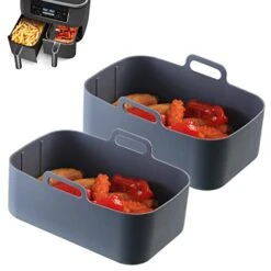 2 Pack Air Fryer Liners Silicone Pot For Ninja Dual DZ201/DZ401 Foodi Air Fryer Accessories Reusable Air Fryer Silicone Liners Rectangle Air Fryer Basket (Grey, 2)