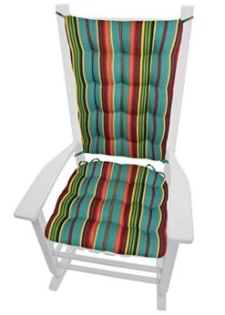 Serape Stripe Rocking Chair Cushions With Ties - Extra-Large - Latex Foam Fill Cushion - Santa Fe Décor (Turquoise Poncho Stripes)