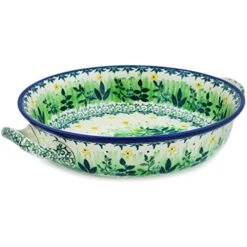 Authentic Polish Pottery Medium Round Baker With Handles Made By Ceramika Artystyczna (Green Tranquility Theme) Signature UNIKAT + Certificate Of Authenticity