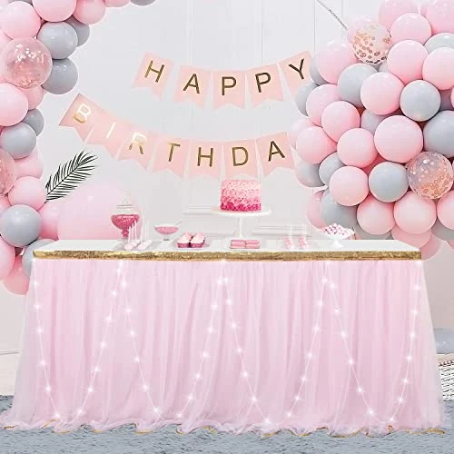 Pink Tutu Table Skirt LED Lights Tulle Table Skirt For Rectangle Tables Decoration Baby Shower Wedding Birthday Party 4ft 3 Pink Tutu Table Skirt LED Lights Tulle Table Skirt For Rectangle Tables Decoration Baby Shower Wedding Birthday Party 4ft