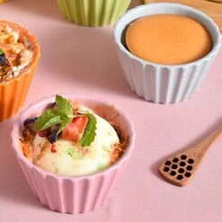 2 Pcs Ceramic Ramekins Souffle Dishes Small Baking Cups Dipping Sauce Dishes Dessert Cups For Baking Souffle Pudding Creme Brulee Ice Cream Blue Pink