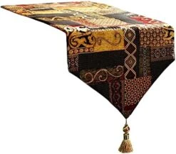 Farmhouse Table Runner, 13x72 Inches Luxury Double Layer Cotton Jacquard Boho Table Runner With Tassel Golden Illusion Collection For Dining Room Dresser Decor -Wilton Shop 51 0j2D8EL. AC