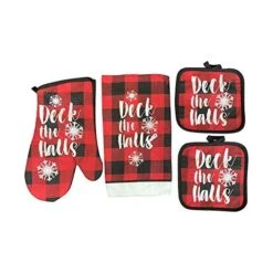 Deck The Halls Buffalo Plaid In Red & Black 5 Piece Kitchen Linen Set : Includes (1) Oven Mitt, (2) Pot Holders, And (2) Towels