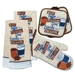 Celebration Coffee Time Cups Kitchen Linen Set (Includes: One Oven Mitt, Two Towels, And Two Pot Holders)