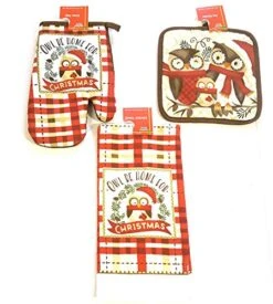 Kitchen Towel Pot Holder And Oven Mitt Gift Set Bundle (Owl Be Home)
