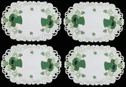 St. Patrick's Day Table Linens, Spring Embroidered Shamrocks And Leprechaun Hats Placemats, Table Runners, Tablecloths, White Green (11x17-4 Pieces Placemats)