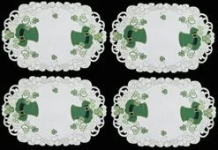 St. Patrick's Day Table Linens, Spring Embroidered Shamrocks Irish Clovers And Leprechaun Hats Placemats, Table Runners, Tablecloths, White Green (34" Round Table Topper) -Wilton Shop 510hEKr3blL. AC 1