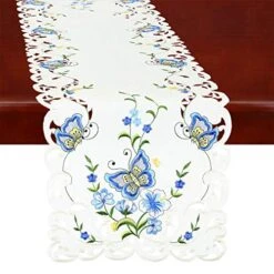 Spring Butterfly And Floral Table Runners, Dresser Scarf (Blue, 14 × 90 Inch)