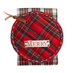 Mud Pie (Red Tartan Pot Holder And Towel, 2 Piece Set 8" Dia 26" X 18"