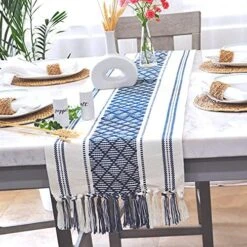 Dining Table Runner With Tassels 14 X 90 Inches, Blue & Cream | Woven Washable Console Table Runner/Dresser Scarf, Farmhouse Long Bohemian Table Top Decorations With Fringe For Holiday Party -Wilton Shop 511Dw9GGFnL. AC
