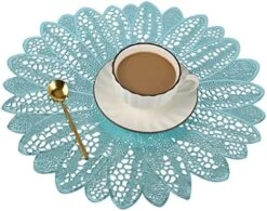 Round Placemats Set Of 4 Pressed Vinyl Metallic Blue Place Mats Wipe Clean For Dinner Table, Heat Resistand PVC Tablemats Home Decor Non Slip Place Mats 15 Inches (Sun Flower) -Wilton Shop 511H55RNHZL. AC 1