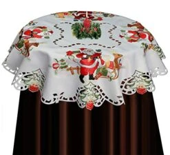 Holiday Christmas Embroidered Santa Reindeer Poinsettia Tablecloth 33" Round White Topper