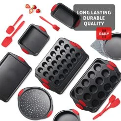 Aking Pans Set, 15 Piece Premium Baking Set, Nonstick Bakeware Sets BPA Free, Cookie Sheets For Baking Nonstick Set, Steel Baking Sheets For Oven With Muffin Pan, Cake Pan & Kitchen Utensils - Black -Wilton Shop 511QO0rAfJL