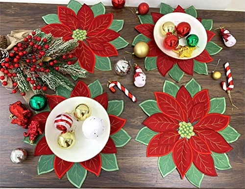 4 Pieces Holiday Christmas Placemats Set Of 4 Applique Poinsettia Red With Green Embroidered Flower Doily For Home Xmas Party Table Top Decoration,Round14inch(36cm) 4 4 Pieces Holiday Christmas Placemats Set Of 4 Applique Poinsettia Red With Green Embroidered Flower Doily For Home Xmas Party Table Top Decoration,Round14inch(36cm) - Image 2