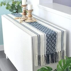 Dining Table Runner With Tassels 14 X 90 Inches, Blue & Cream | Woven Washable Console Table Runner/Dresser Scarf, Farmhouse Long Bohemian Table Top Decorations With Fringe For Holiday Party -Wilton Shop 511dHgyNXoL. AC