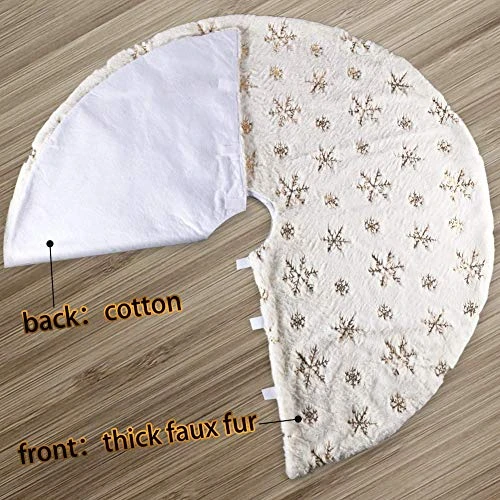 Christmas Tree Skirt,48" White Faux Fur With Gold Sequin Snowflakes Xmas Tree Rug For White Gold Christmas Decorations 4 Christmas Tree Skirt,48" White Faux Fur With Gold Sequin Snowflakes Xmas Tree Rug For White Gold Christmas Decorations - Image 2