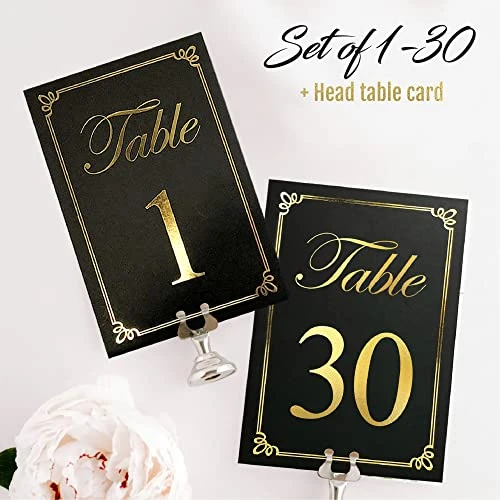 GENERIC Black And Gold Table Numbers Cards, Numbered 1-30 And Head Table Card, Wedding Table Numbers, Table Seating Cards, Gold Table Numbers Perfect For Wedding Reception 4 GENERIC Black And Gold Table Numbers Cards, Numbered 1-30 And Head Table Card, Wedding Table Numbers, Table Seating Cards, Gold Table Numbers Perfect For Wedding Reception - Image 2