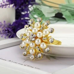 Joyindecor Napkin Rings Set Of 6-Flower Pearl Rhinestone Napkin Ring Holder For Wedding Party Home Kitchen Dining Table Linen Accessories (Golden) -Wilton Shop 5124vjhQIUL
