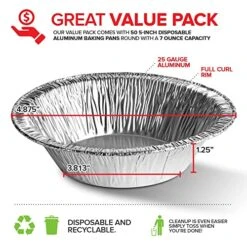 5 Inch Aluminum Foil Pie Pans (50 Count) - Disposable & Recyclable Mini Pie Pans - Foil Pie Tin For Bakeries, Cafes, Restaurants - Durable Mini Foil Pans For Pies, Fruit Tarts, Quiche