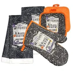 GENERIC Cobweb And Tombstone Witch Black Cat Halloween Decor Print Decorative Kitchen Linen Set, 1 Oven Mitt, 2 Pot Holder Potholders Hot Pads, 2 Dish Towels