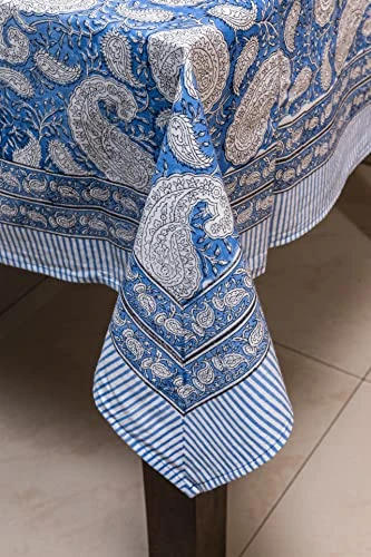 Cotton Tablecloth, Handblock Print Rectangle Blue Table Cloth For Kitchen Dinning Tabletop Decoration Parties Weddings Thanksgiving Christmas (60 X 108 Inches) 5 Cotton Tablecloth, Handblock Print Rectangle Blue Table Cloth For Kitchen Dinning Tabletop Decoration Parties Weddings Thanksgiving Christmas (60 X 108 Inches) - Image 3