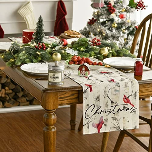 Cardinals Trees Christmas Table Runner, Seasonal Winter Kitchen Dining Table Decoration For Outdoor Home Party 13x72 Inch 3 Cardinals Trees Christmas Table Runner, Seasonal Winter Kitchen Dining Table Decoration For Outdoor Home Party 13x72 Inch