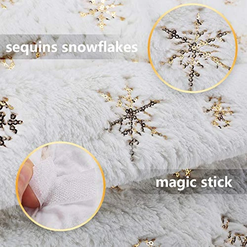 Christmas Tree Skirt,48" White Faux Fur With Gold Sequin Snowflakes Xmas Tree Rug For White Gold Christmas Decorations 6 Christmas Tree Skirt,48" White Faux Fur With Gold Sequin Snowflakes Xmas Tree Rug For White Gold Christmas Decorations - Image 4