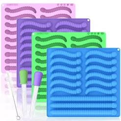 Gummy Worm Molds Silicone 6ML Large 4PCS 2 Size Candy Making Kit 60 Cavity Homemade Chocolate, No Stick BPA Free Jello Ice Tray, With 2 Droppers & Brush, Ideal Gift For Kids Adult Halloween Party